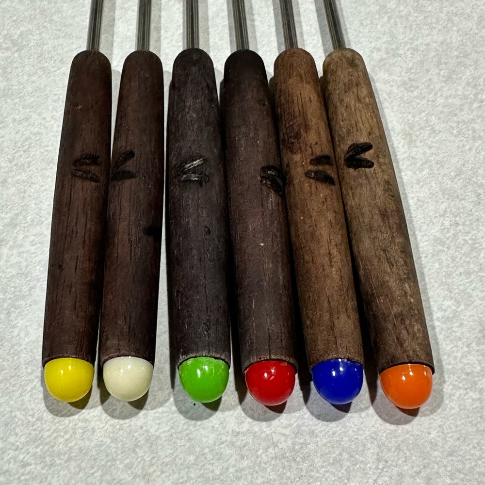 Vintage Oster Fondue Forks Stainless Steel Set of 6 Wood Handles Japan